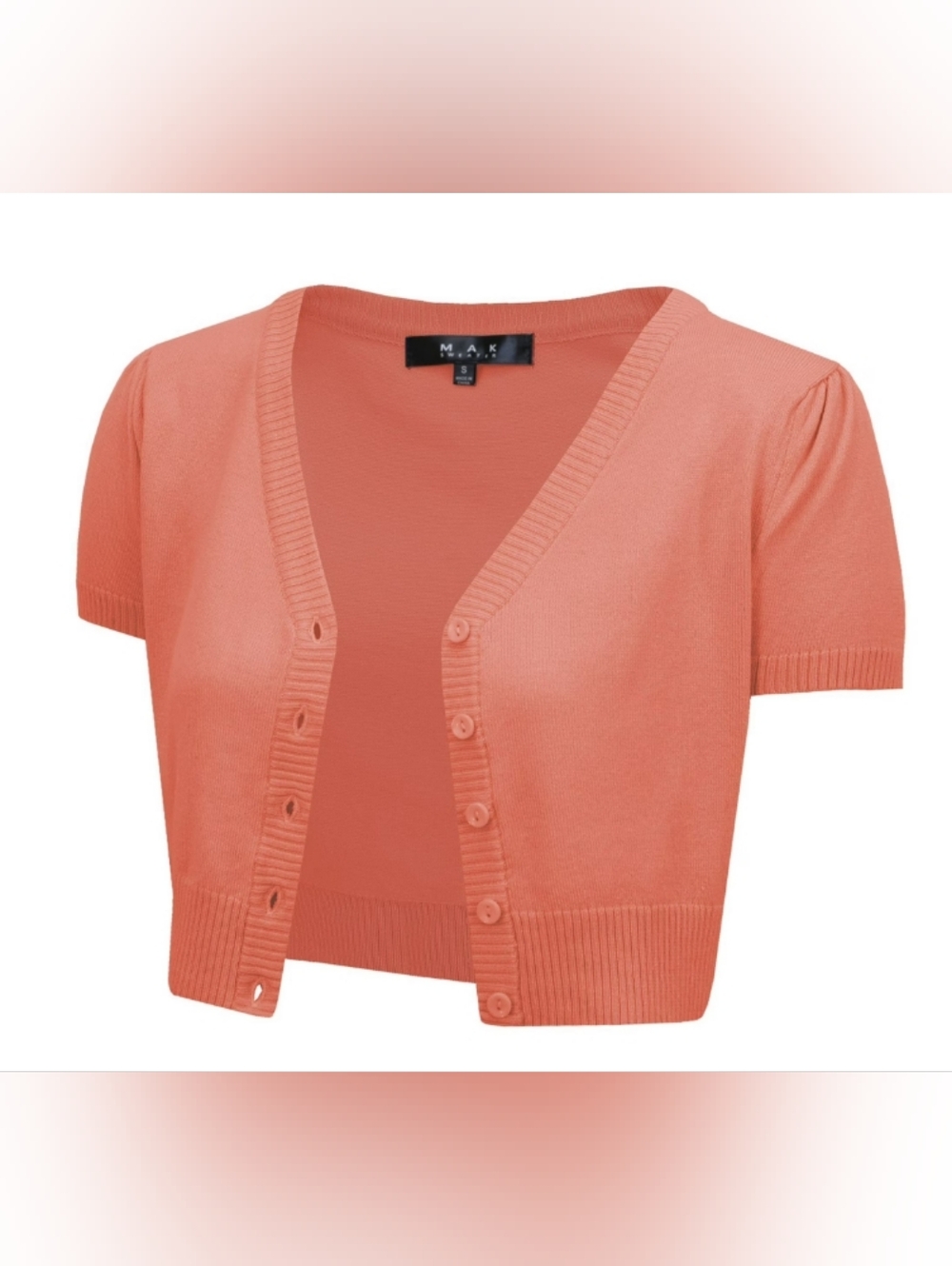 YEMAK Dusty Coral Short Sleeve Cropped Bolero Button Down Cardigan Sweater-LARGE